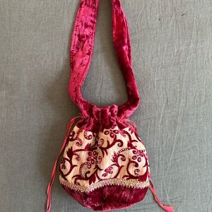 Velvet Embroidered Cinch Bucket Bag with Swarovski rhinestones